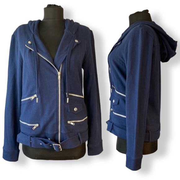 The Kooples Hooded Zip Up Biker Jacke Size Small in Navy Blue - Picture 1 of 11